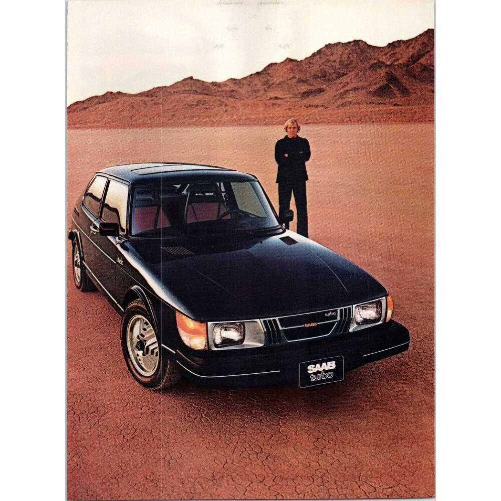 1979 Saab 900 Turbo 2 Door Vintage Print Ad Salt Flats Man Black Suit Wall Art